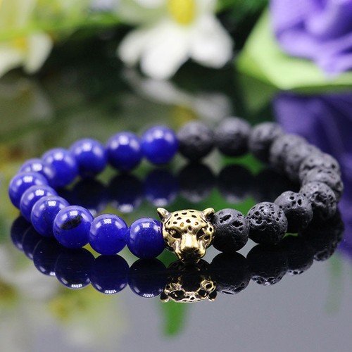 Man's Leopard Head Beaded Bracelets Lava Rock Stone Beads Multicolor Bracelet - Picture 8 of 22