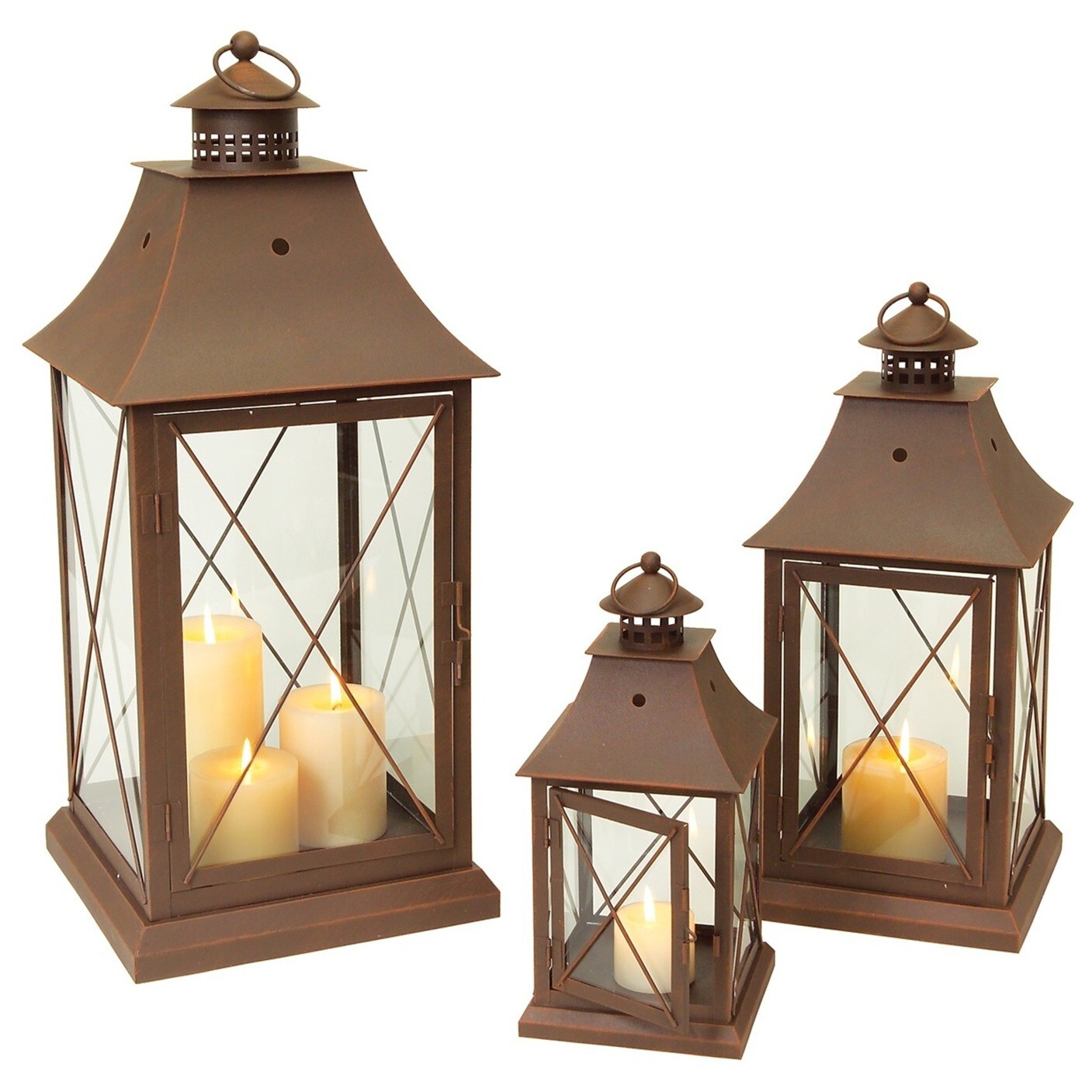 3 Pc Set Classic Brown Metal Lantern Clear Glass Vented Gift