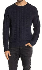MENS L WEATHERPROOF VINTAGE LONG SLEEVE CREW NECK CABLE KNIT SWEATER, NAVY
