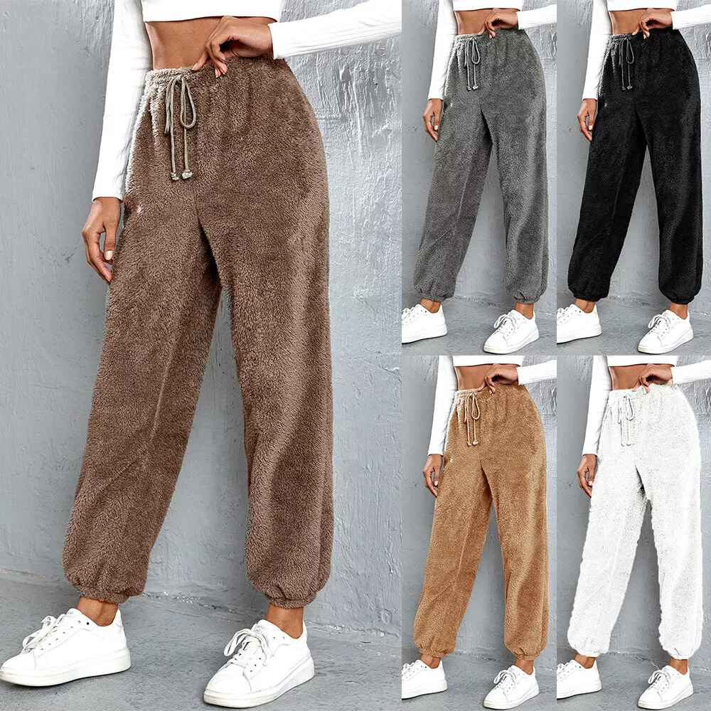 Casual Women Faux Fur Trousers Fleece Joggers Winter Warm Home Pants  Loungewear