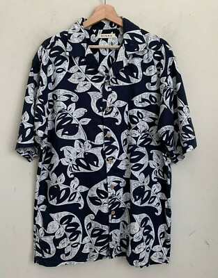 Summa Shirt Tropical Navy White Leaf Print Button Front Short Sleeve Pocket Sz M
