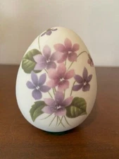 VTG Hand Painted Custard Egg w/Purple Flowers and Green Leaves Matte Finish EUC