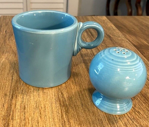 Vintage Homer Laughlin Fiesta Tom & Jerry Mug TURQUOISE 1930's + Salt Shaker SET