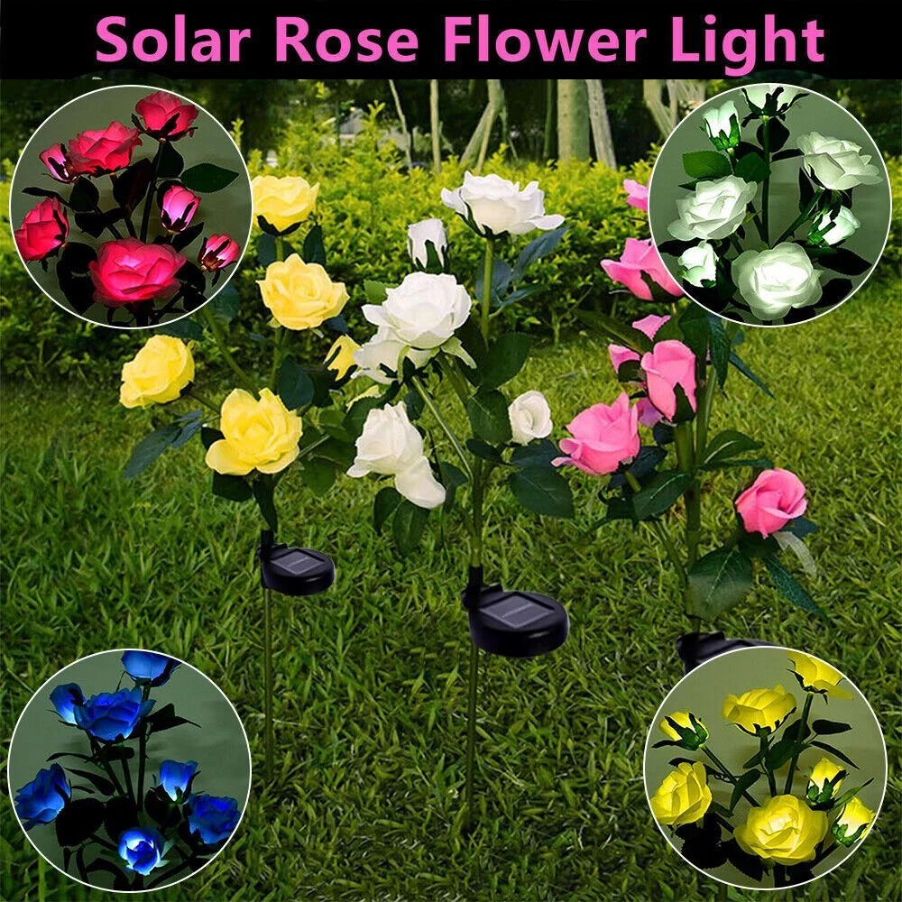 UP 10PCS LED Solar Power Rose Flower Stake Lights Garden Path