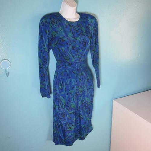 VINTAGE 80's Papell Petites Blue Floral Dress Size 6 Long Sleeve & Shoulderpads