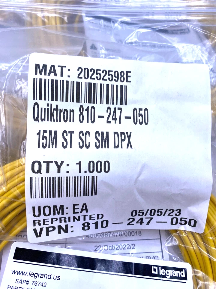 Legrand Quiktron Lote de 5, 15M, ST SC SM DPX, Amarillo 810-247-050 Nuevo Foto 2 de 3