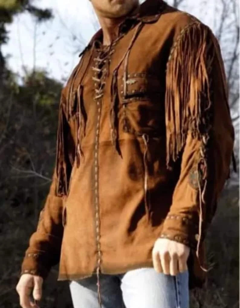 Men's Native Western Cowboy Style Suede Leather Buckskin Shirt with Fringes