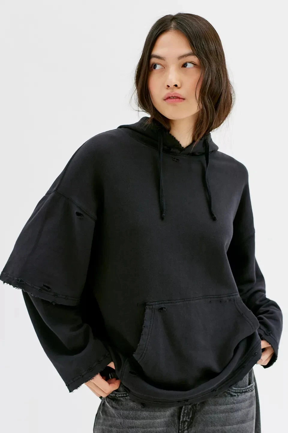 BDG Urban Outfitters Winnona Distressed Sweatshirt Hoodie Top Black XS 280909