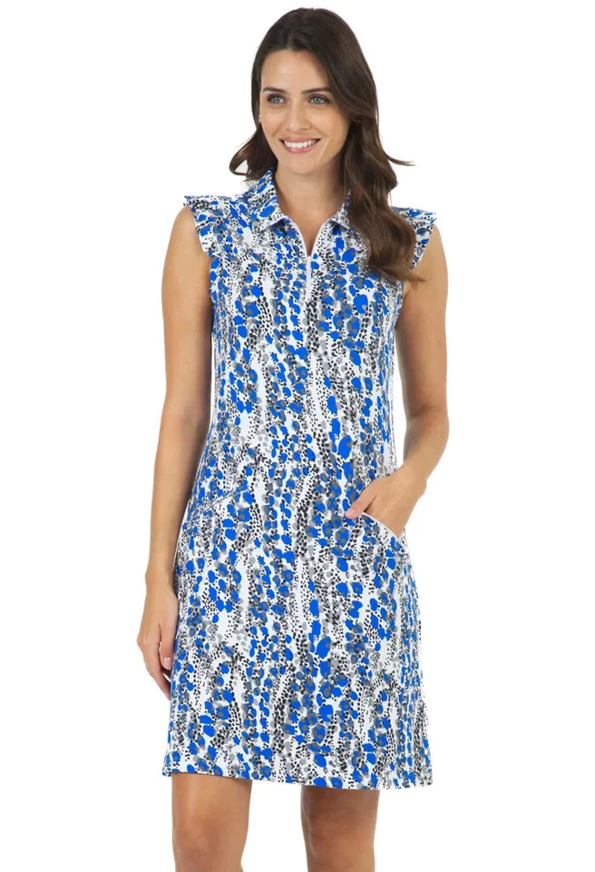 NWT IBKUL KAMILA BLUE BLACK Ruffle Sleeveless Mock Golf Tennis Dress - S M & L