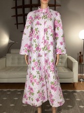 Vintage 50s 60s Pink Floral Roses Quilted Housecoat Robe MCM