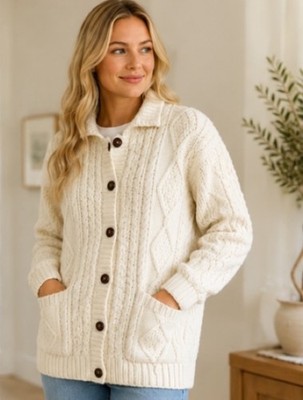 Vintage Thomas Keeling Woolmark Irish Fisherman Cable Knit Cardigan Sweater XL