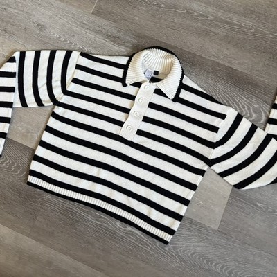 H&M Divided Women s Black White Striped Collared Button Knit Pullover Sweater S