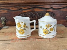 Vintage Mikasa Terra Stone Creamer & Sugar Yellow Daisies Floral Latina Pattern