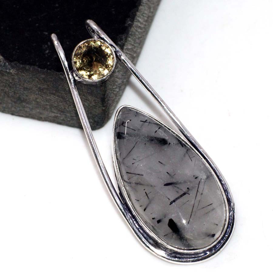 Natural Black Rutile Smoky Topaz 925 Silver Plated Pendant 2.3 Inch Jewelry