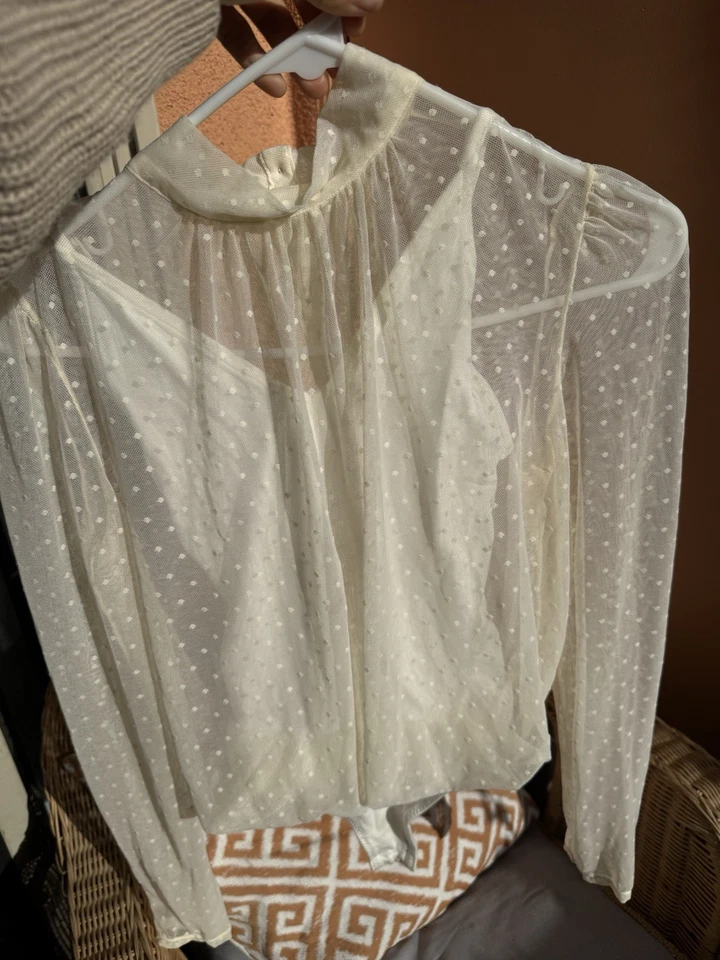 Женский кружевной боди с длинным рукавом Free People день ночь блузка цвета слоновой кости размер XS - Изображение 2 из 4
