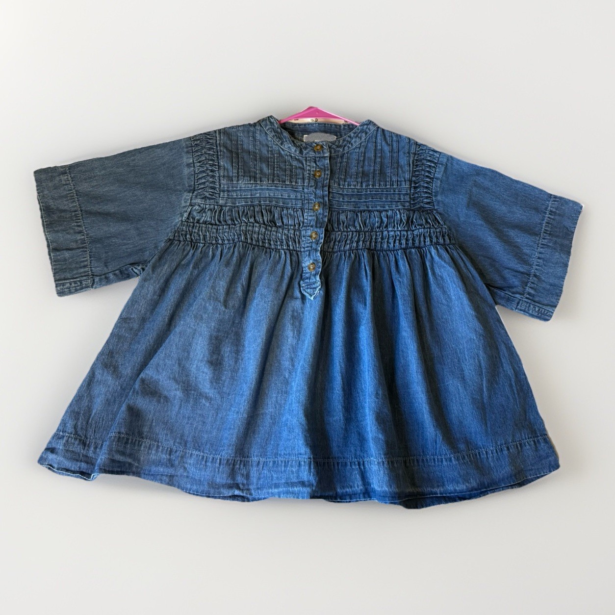 Solitaire Top Women L Babydoll Blue Denim Smocked Pintuck  Button Boho Coastal
