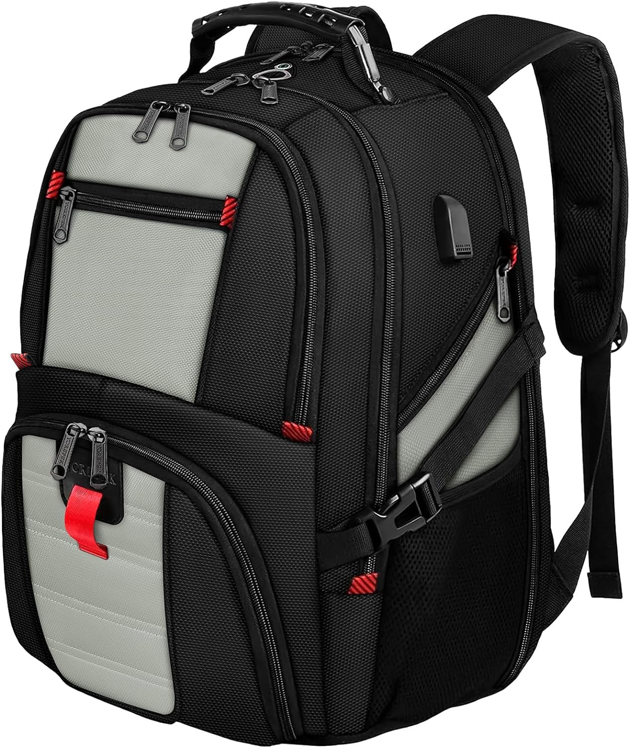 Mochila viaje 50L gris con puerto USB resistente agua para portátil 17in avion ok