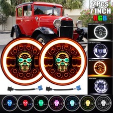 Pair 7 Inch Round Rgb Skull Led Headlights Halo Drl For Ford Model A 1930 1931