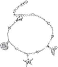 Rnivida 14k Gold Plated Bracelet with Starfish Seashell Fishtail Charm Silver 
