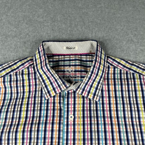 BUGATCHI UOMO Shirt XL Shaped Fit Colorful Plaid Flip Cuff Button Up Long Sleeve - Picture 3 of 12