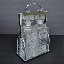 Vintage Mid Century Crystal Decanter Tantalus Liquor Set