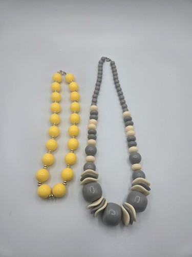 Vintage Yellow, Gray & Cream Round Bead Necklace Jewelry Set Lot of 2. Chunky