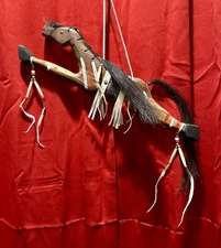 Native American~Ceremonial~Carved Horse~Dance Stick~Beaded~Painted~Brass~Lakota
