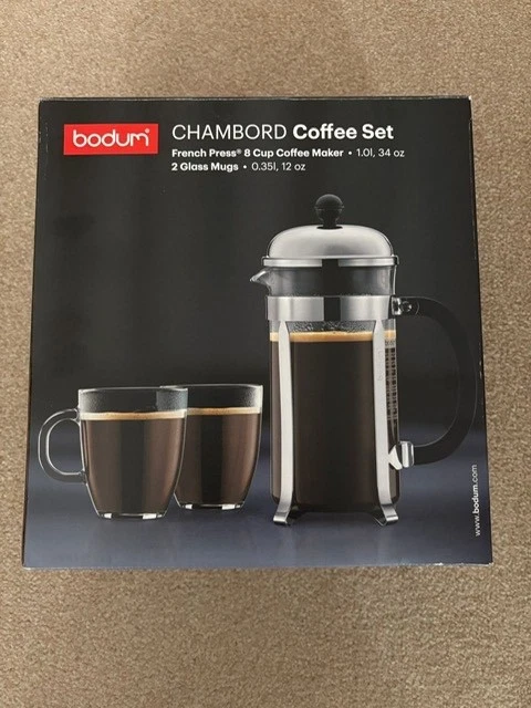 Bodum Chambord French Press Coffee Set 8 Cup 1L And 2 Glass Mugs 0.35l