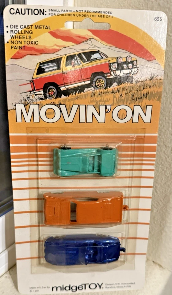 1981 MidgeToy Cars Set of 3 –Green, Orange & Deep Sea Blue–NOS Vintage Die-Cast - Image 3 of 4