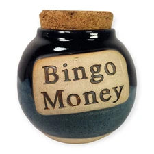 Tumbleweed Pottery Bingo Money Jar Blue Glaze 5.5" USA Made North Carolina USA