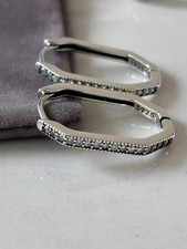 Image of Sterling Silver Huggie Hoop Earrings CZ Pave Rectangle Minimalist Dainty hoops