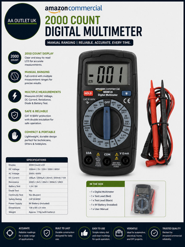 AmazonCommercial 2000 Count Manual Ranging Digital Multimeter Black