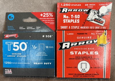 2 NEW NOS Vintage Arrow Staples T-50 1,250 per box 1/2  & 3/8  Both Full Boxes