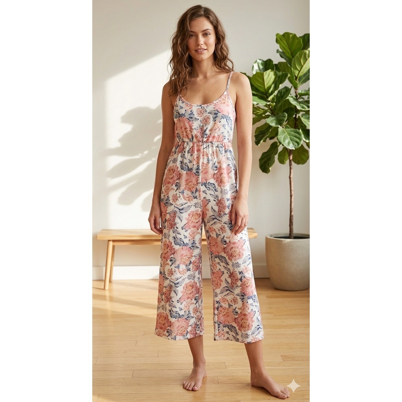 Pink Floral Wide Leg Jumpsuit Sleeveless Adjustable Straps Cropped Culotte