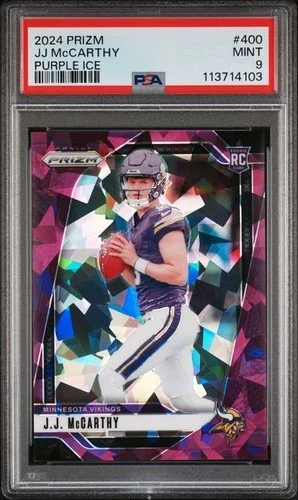 2024 Prizm JJ McCarthy Purple Ice 22/225 RC Minnesota Vikings PSA 9
