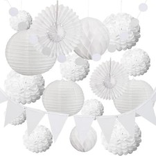 20 Pcs White Paper Lanterns Tissue Paper Pom Poms