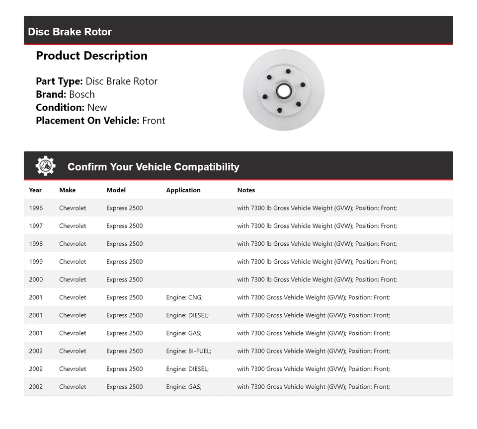 Rotor de freno de disco delantero 1997 para Chevrolet Express 2500 Bosch QuietCast 1996-2002 Foto 2 de 4