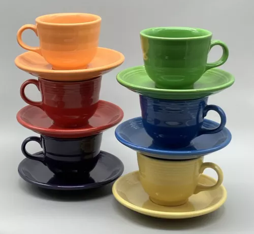 Fiesta Fiestaware Tea Coffee Cups / Mugs w/saucers Lot of 6 Assorted Colors EUC