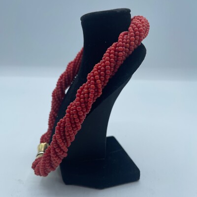 Collier Ancien Rare En Corail Méditerranéen Naturel Et Or 18 Carats - 13 Rangs De Perles Boules - Italie - Occasion