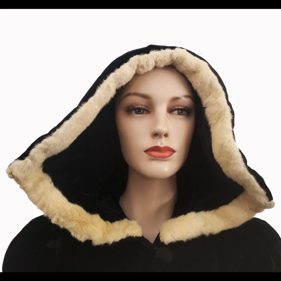 Antiguo abrigo de ópera de terciopelo de la década de 1930 con capucha y ribete de piel formal talla S I MAGNIN & CO Deco Foto 2 de 4