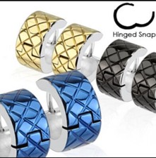 Pair of  Surgical Stainless Steel IP Hoop Earring with Grooved Diamond Grids