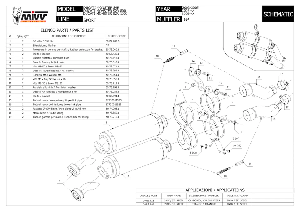Silenciadores dobles escape acero negro gp mivv ducati monster s2r 800 05/07 Foto 3 de 4