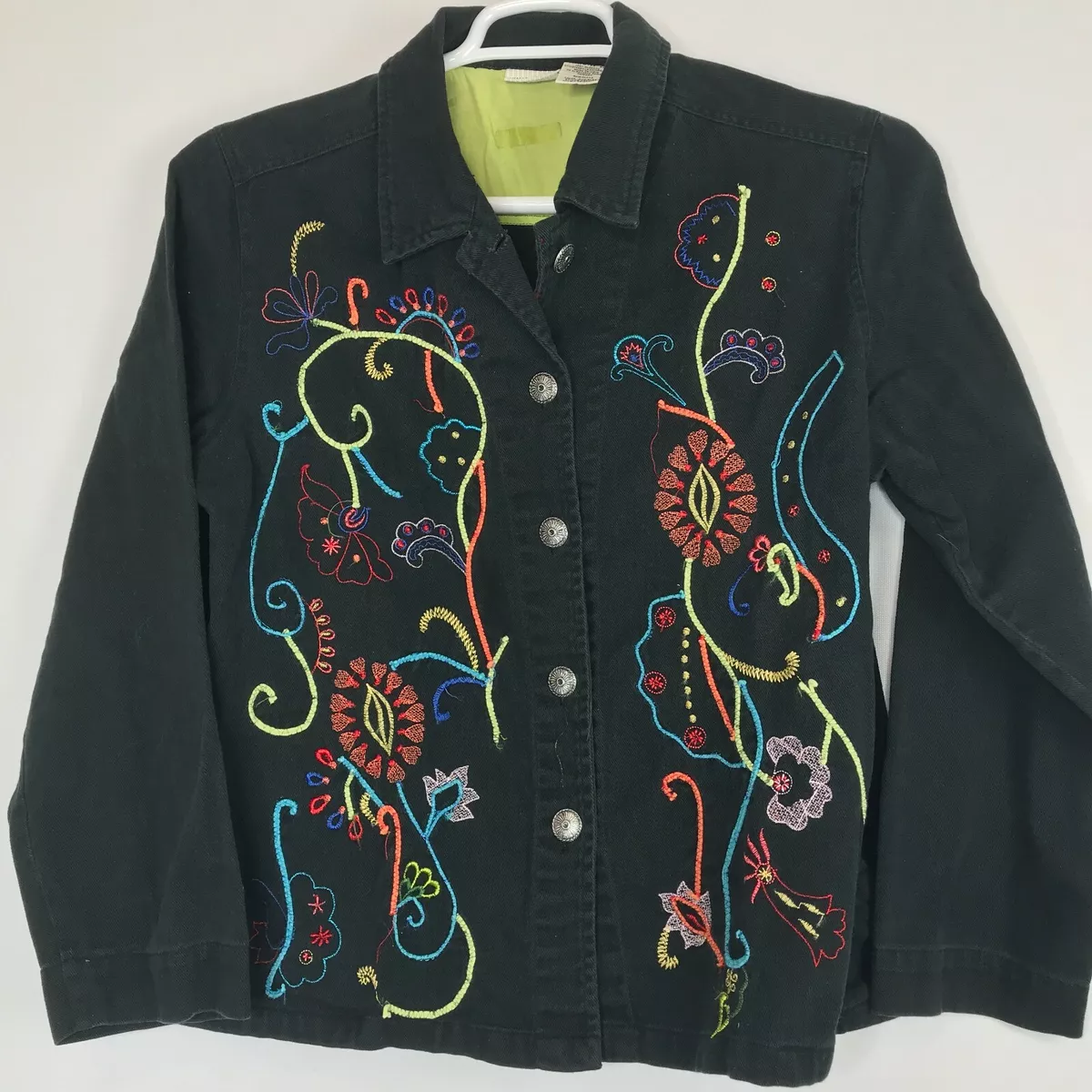 White Stag Denim Jacket Womens Large Black Embroidered Button Up