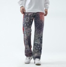 Men's Floral Blue Denim Jeans Straight Leg Slim Fit Punk Hip Hop Pants Trousers
