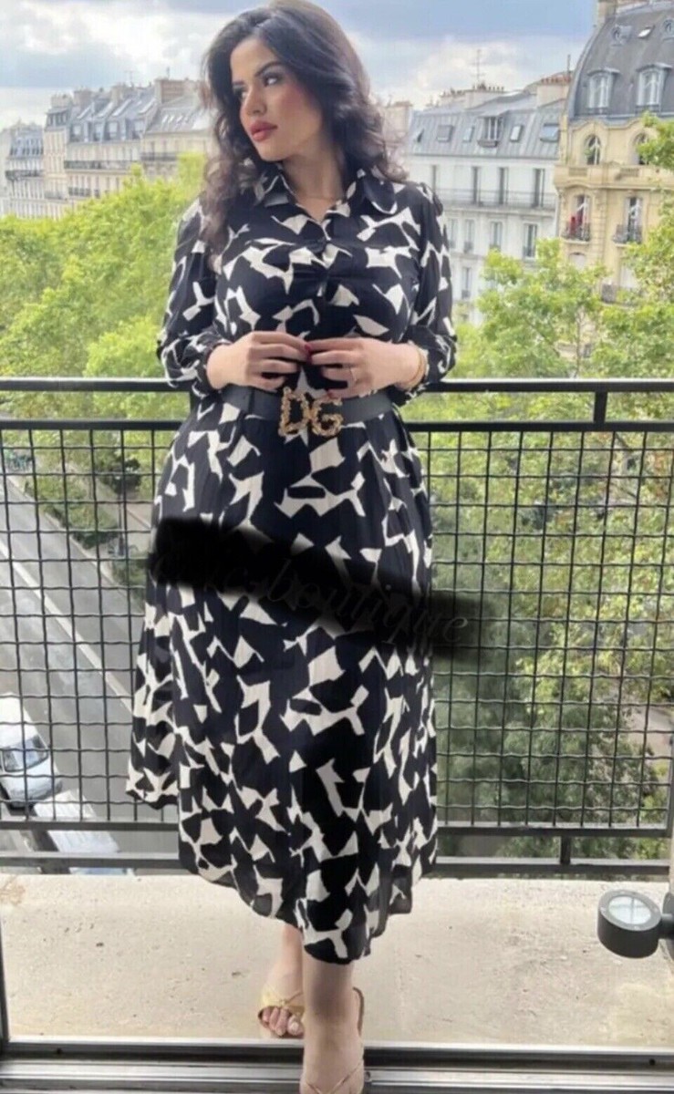 ZARA NEW BLACK WHITE PRINTED DRESS WITH BELT Size L Ref