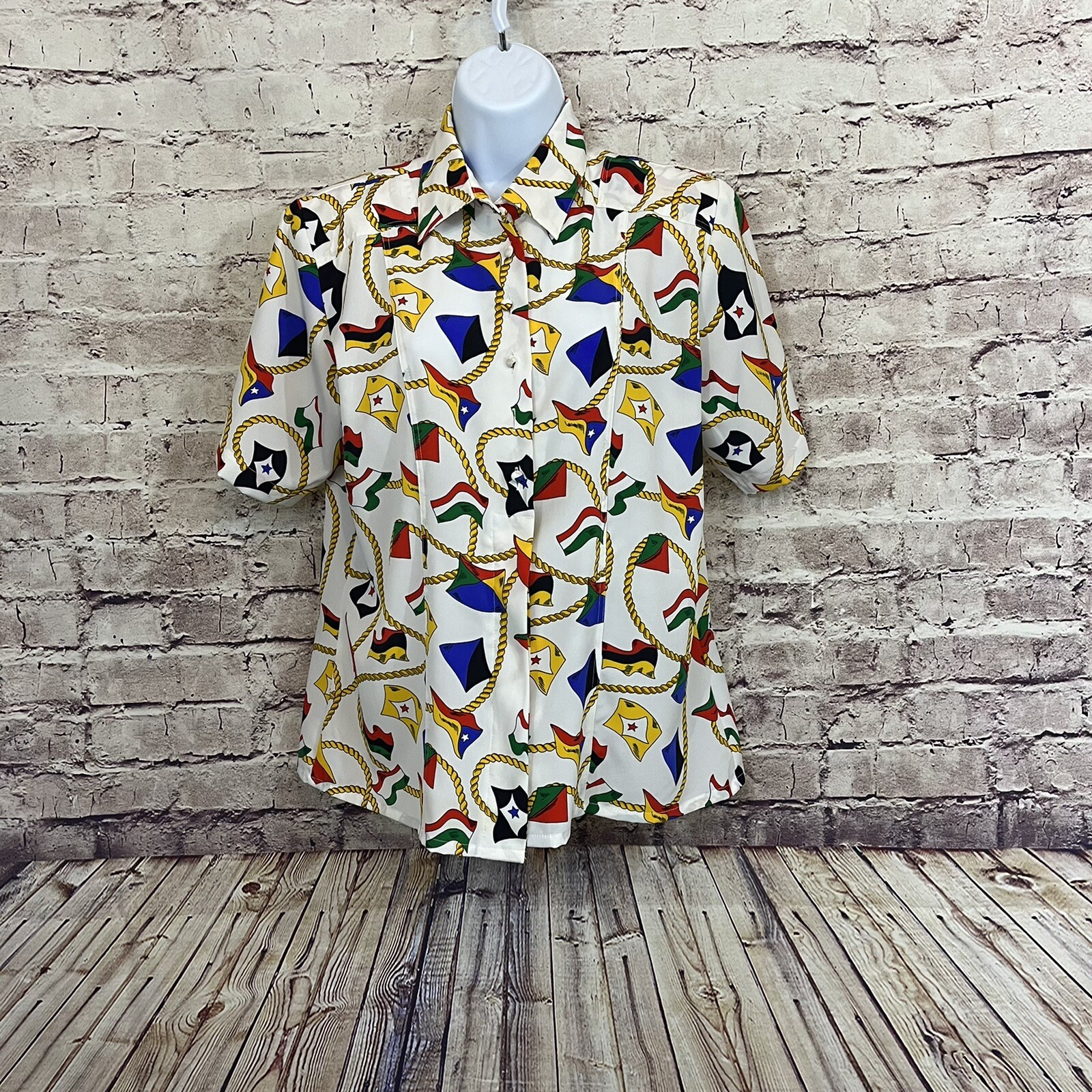 SAINT LAURENT Blusa donna Yves St Clair taglia 10 bianca nautica vintage bottoni manica corta