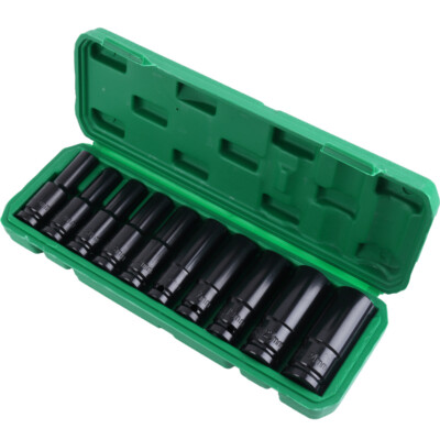 10Pcs Deep Impact Socket Set 1/2 Inch Drive 6-Point Metric Tool 8mm-24mm w/ Case