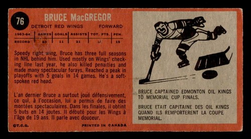 1964-65 Topps #76 Bruce MacGregor Red Wings EX (No Creases) - Picture 2 of 2