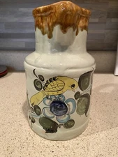 Tonala Mexican Folk Art Sandstone Pottery Pitcher Vase Hand Painted Bird Decor