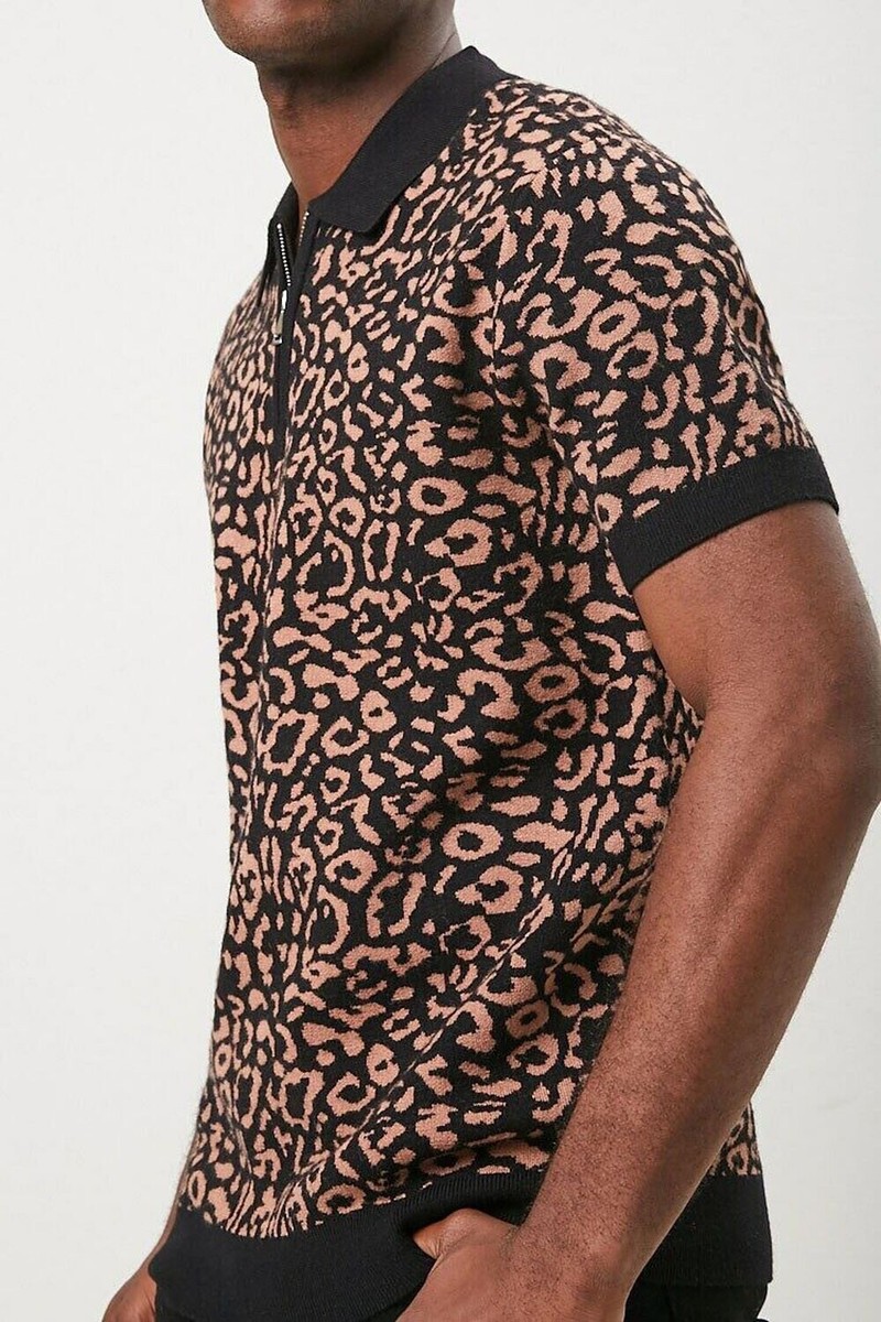 Forever 21 Men's Leopard Print 1/4 Zip Polo - Brown / Black